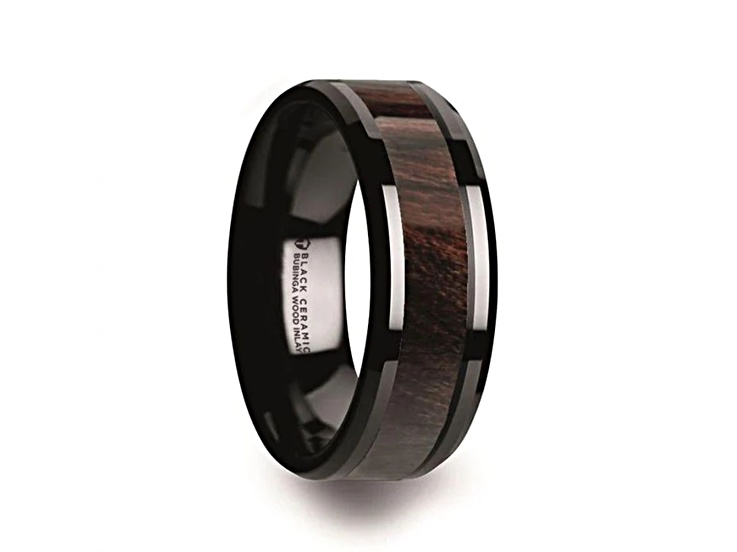 BENNY Black Ceramic Polished Beveled Edges Men's Wedding Band with Bubinga Wood Inlay 8mm