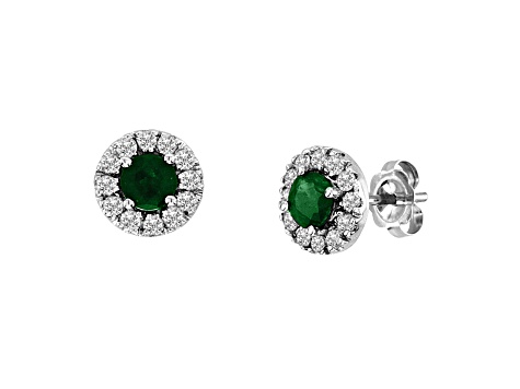 0.88ctw Emerald and Diamond Halo Earrings in 14k White Gold