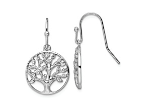 Rhodium Over Sterling Silver Polished and Textured Cubic Zirconia Tree of Life Dangle Earrings