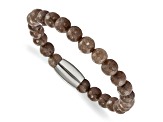 Stainless Steel Polished Brown Jade Bead Stretch Bracelet