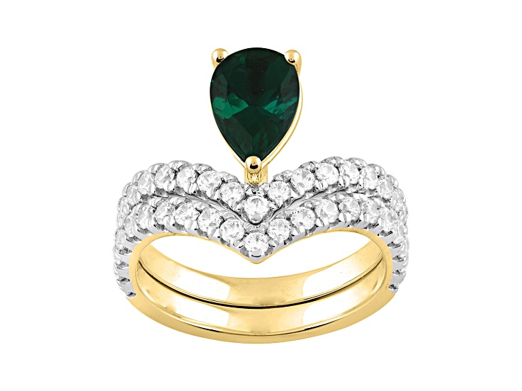 10K Yellow Gold 1.00CTW Pear shape Lab Created Emerald and Round Lab-Grown White Diamond Ring