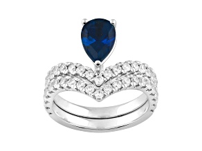 10K White Gold 1.00CTW Pear shape Lab Created Blue Sapphire and Round Lab-Grown White Diamond Ring