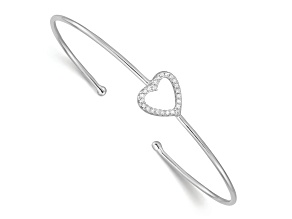 Rhodium Over Sterling Silver Cubic Zirconia Heart Cuff Bangle Bracelet