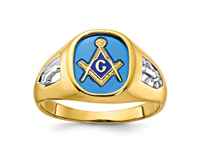 10K Yellow Gold Men's with White Rhodium and Lab Created Sapphire Masonic Ring