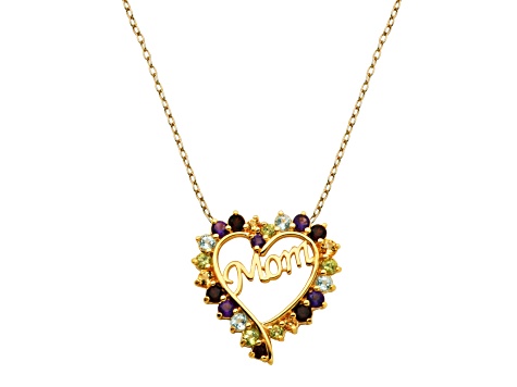 Multi-Color Multi-Gemstone 18k Yellow Gold Over Stelring Silver Mom Heart Pendant With Chain