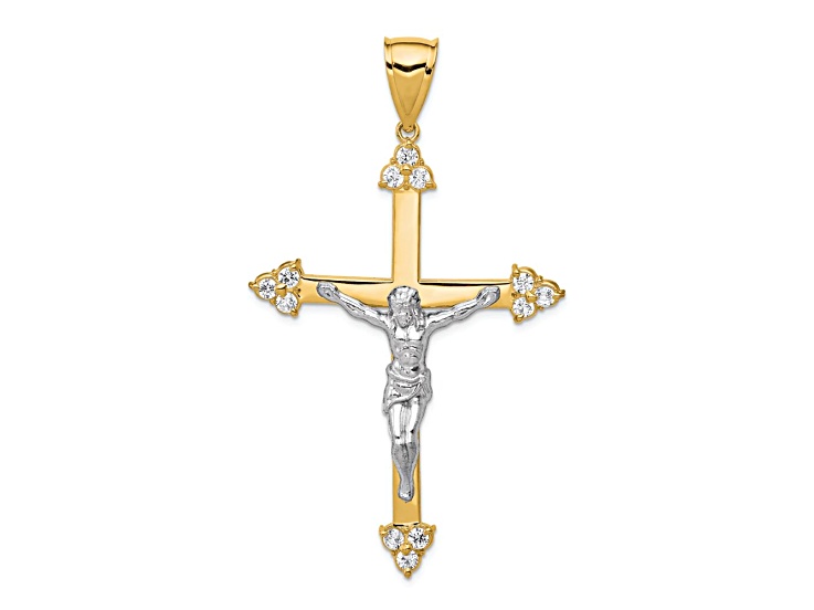 10k Yellow Gold and Rhodium Over 10k Yellow Gold Cubic Zirconia Crucifix Pendant