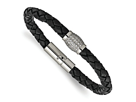 Titanium Polished with Cubic Zirconia Black Leather Bracelet