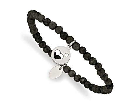 Stainless Steel Polished Hearts Black Jade Beaded Stretch Bracelet