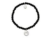 Stainless Steel Polished Hearts Black Jade Beaded Stretch Bracelet