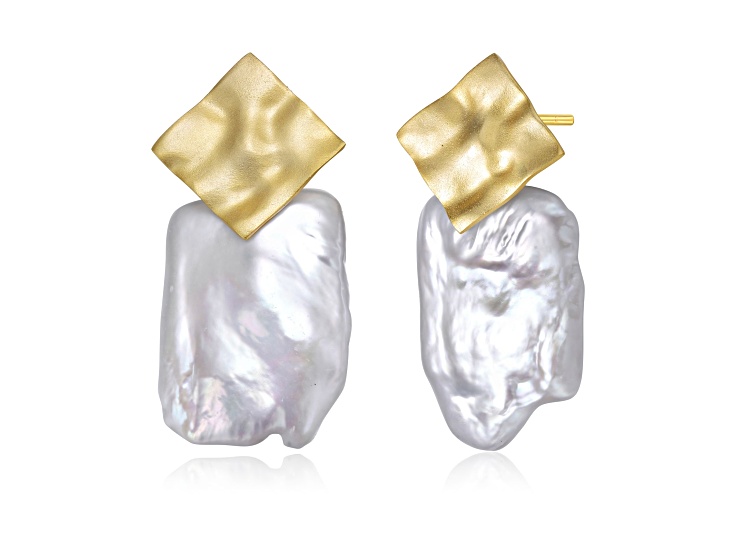 Genuine Freshwater Pearl, 14K Yellow Gold Plated over Sterling Silver Drop Square Earrings