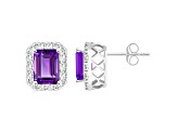 8x6mm Emerald Cut Amethyst And White Topaz Accent Rhodium Over Sterling Silver Halo Stud Earrings