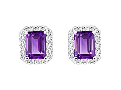8x6mm Emerald Cut Amethyst And White Topaz Accent Rhodium Over Sterling Silver Halo Stud Earrings