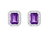 8x6mm Emerald Cut Amethyst And White Topaz Accent Rhodium Over Sterling Silver Halo Stud Earrings