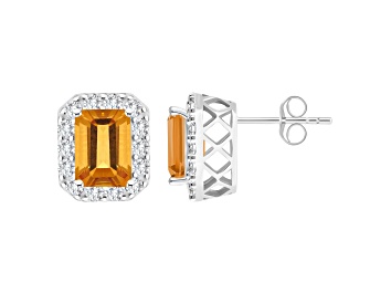 Picture of 8x6mm Emerald Cut Citrine And White Topaz Accent Rhodium Over Sterling Silver Halo Stud Earrings