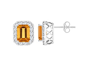 8x6mm Emerald Cut Citrine And White Topaz Accent Rhodium Over Sterling Silver Halo Stud Earrings