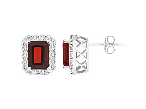 8x6mm Emerald Cut Garnet And White Topaz Accent Rhodium Over Sterling Silver Halo Stud Earrings