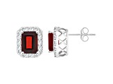 8x6mm Emerald Cut Garnet And White Topaz Accent Rhodium Over Sterling Silver Halo Stud Earrings