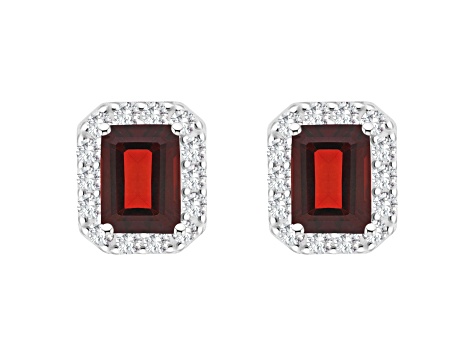 8x6mm Emerald Cut Garnet And White Topaz Accent Rhodium Over Sterling Silver Halo Stud Earrings