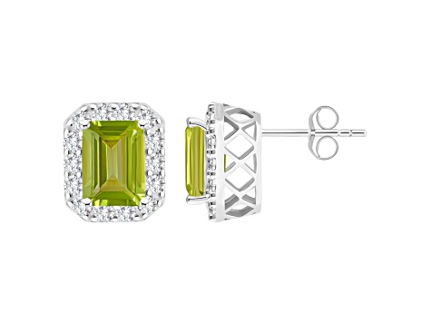 8x6mm Emerald Cut Peridot And White Topaz Accent Rhodium Over Sterling Silver Halo Stud Earrings
