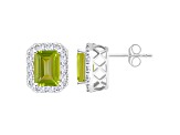 8x6mm Emerald Cut Peridot And White Topaz Accent Rhodium Over Sterling Silver Halo Stud Earrings