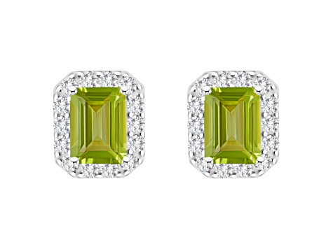 8x6mm Emerald Cut Peridot And White Topaz Accent Rhodium Over Sterling Silver Halo Stud Earrings