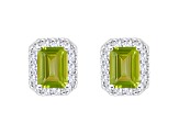 8x6mm Emerald Cut Peridot And White Topaz Accent Rhodium Over Sterling Silver Halo Stud Earrings