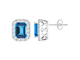 8x6mm Emerald Cut Swiss Blue Topaz And White Topaz Rhodium Over Sterling Silver Halo Stud Earrings