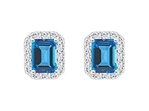 8x6mm Emerald Cut Swiss Blue Topaz And White Topaz Rhodium Over Sterling Silver Halo Stud Earrings
