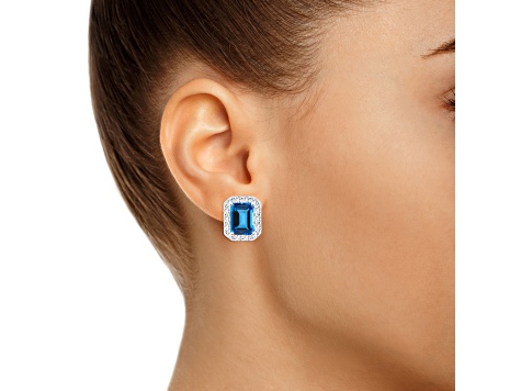 8x6mm Emerald Cut Swiss Blue Topaz And White Topaz Rhodium Over Sterling Silver Halo Stud Earrings