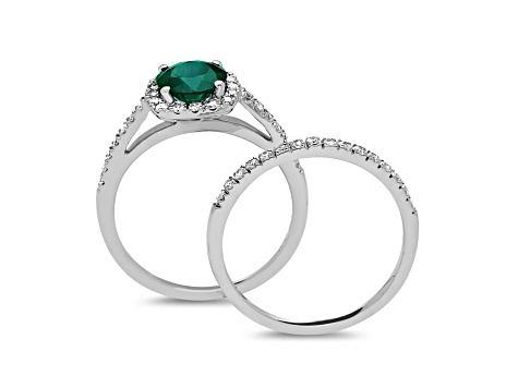 1.35ctw Emerald and Diamond Engagement Ring with Band Ring in 14k White Gold