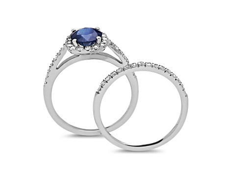 1.50ctw Sapphire and Diamond Engagement Ring with Band Ring in 14k White Gold