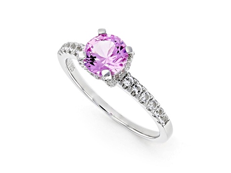 Lab Created Pink Sapphire with White Topaz Accents Rhodium Over Sterling Silver Ring