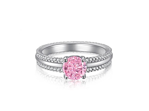 Round Pink and White Cubic Zirconia Sterling Silver Ring