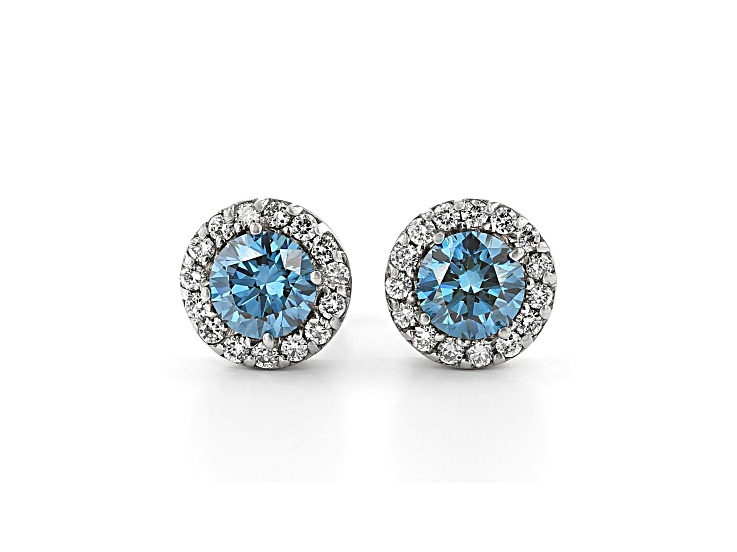 Blue And White Lab-Grown Diamond 14kt White Gold Halo Stud Earrings 1.50ctw