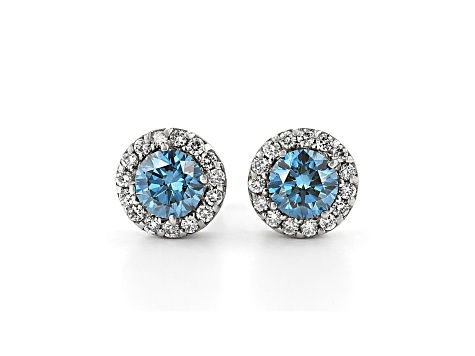 Blue And White Lab-Grown Diamond 14kt White Gold Halo Stud Earrings 1.50ctw