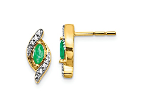 10k Yellow Gold and Rhodium Over 10k Yellow Gold Diamond and 0.36ctw Emerald Stud Earrings