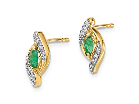 10k Yellow Gold and Rhodium Over 10k Yellow Gold Diamond and 0.36ctw Emerald Stud Earrings