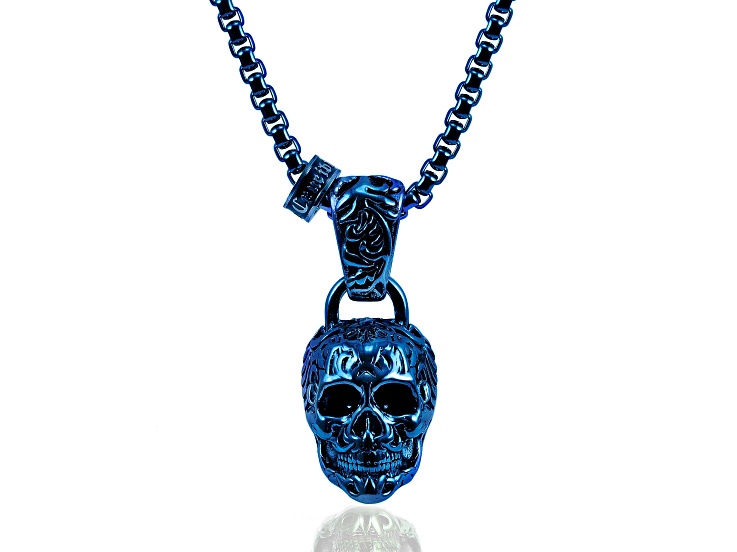 Invicta Jewelry Men's Extra Large Skull Blue Steel Necklace - 28"
