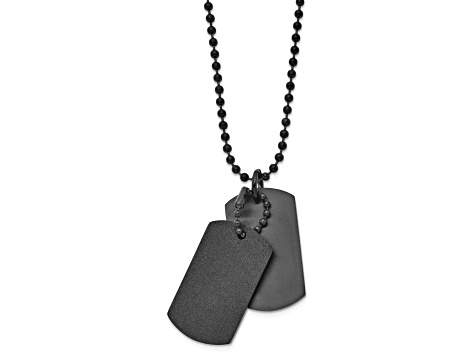 Stainless Steel Brushed Lasercut Black IP Plated CZ Dogtag Necklace