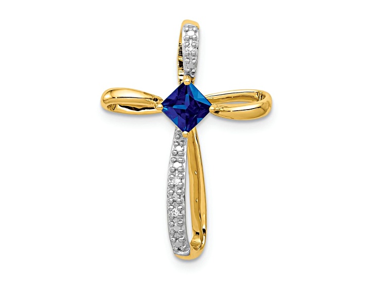 10k Yellow Gold Rhodium Over 10k Yellow Gold 0.46ctw Lab Created Sapphire and Diamond Cross Pendant