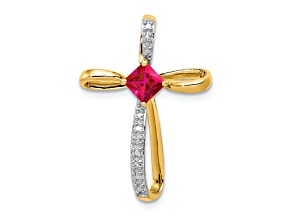 10k Yellow Gold and Rhodium Over 10k Yellow Gold 0.46ctw Lab Created Ruby and Diamond Cross Pendant