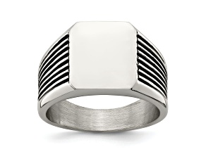 Stainless Steel Polished with Black Enamel Signet Ring