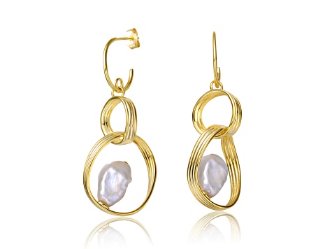 Baroque White Pearl, 14k Gold Plated over Sterling Silver Double Drop Half-Hoop Dangle Earrings