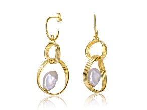 Baroque White Pearl, 14k Gold Plated over Sterling Silver Double Drop Half-Hoop Dangle Earrings