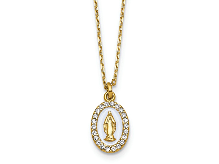 10K Yellow Gold Over Sterling Silver Cubic Zirconia Miraculous Medal with 2-inch Extension Necklace