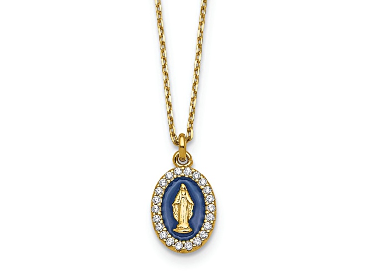 10K Yellow Gold Over Sterling Silver Cubic Zirconia Miraculous Medal with 2-inch Extension Necklace