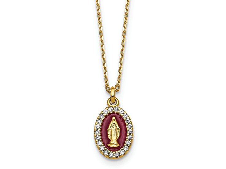 10K Yellow Gold Over Sterling Silver Cubic Zirconia Miraculous Medal with 2-inch Extension Necklace