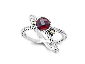 Silver Treasures by Samuel B. Garnet Sterling Silver with 18K Gold "X" Design Garnet Ring 1.25ct