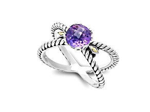 Silver Treasures by Samuel B. Amethyst Sterling Silver with 18K Yellow Gold"X" Design Ring 1.15ct