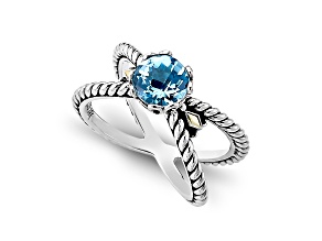 Silver Treasures by Samuel B. Sterling Silver with 18K Yellow Gold"X" Design Blue Topaz Ring 1.20ct